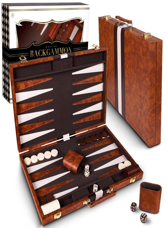 Crazy Games Premium Backgammon 15 Inches Medium Brown - Backgammon Sets for Adults and Kids - Leatherette Back Gammon Board Game Set - Travel Backgammon Set Board Encased with Accessories - Image 1